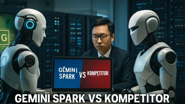 Ilustrasi futuristik yang memperlihatkan perbandingan antarmuka antara dua sistem AI canggih di ruang kerja virtual.
