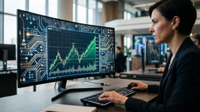 Grafik keuangan digital dengan latar belakang pola sirkuit infrastruktur AI