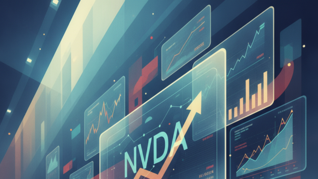 Ilustrasi pasar saham NVDA (NASDAQ), suasana bursa finansial modern penuh warna, layar grafik, tanpa teks
