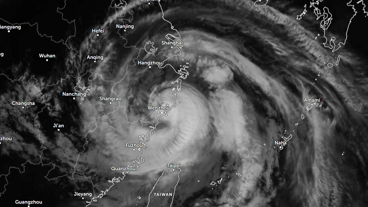 Satellite image of Typhoon Bavi making landfall in Zhejiang, China