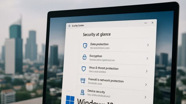 Tampilan antarmuka pusat keamanan Windows 12 terbaru yang menampilkan fitur proteksi data dan enkripsi tingkat lanjut