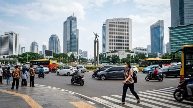 Suasana kawasan Bundaran HI Jakarta yang ramai dengan arus lalu lintas