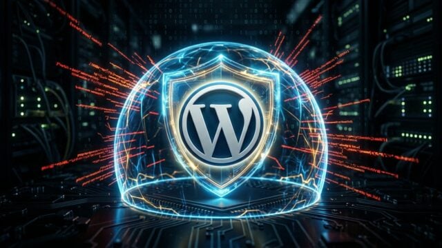 Simbol perisai keamanan siber melindungi logo WordPress dari kode berbahaya
