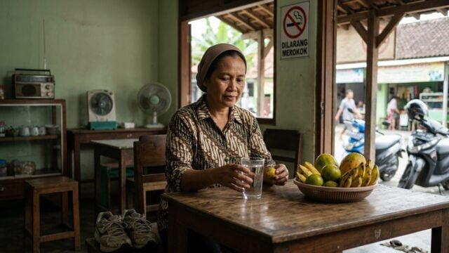 Ilustrasi kesehatan ginjal dengan air, buah, dan olahraga