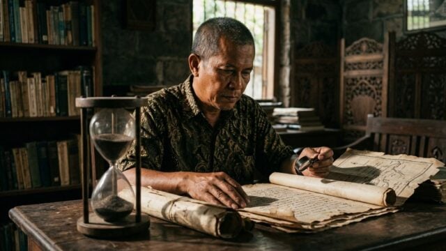 Ilustrasi gulungan naskah kuno dan jam pasir yang melambangkan catatan sejarah kelam dunia