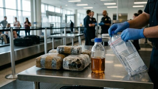Petugas Bea Cukai memeriksa barang bukti narkoba dan botol urine milik pilot Malaysia