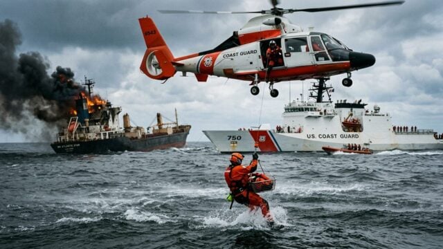 Operasi penyelamatan maritim dengan kapal dan helikopter Basarnas dalam proses evakuasi korban kebakaran kapal