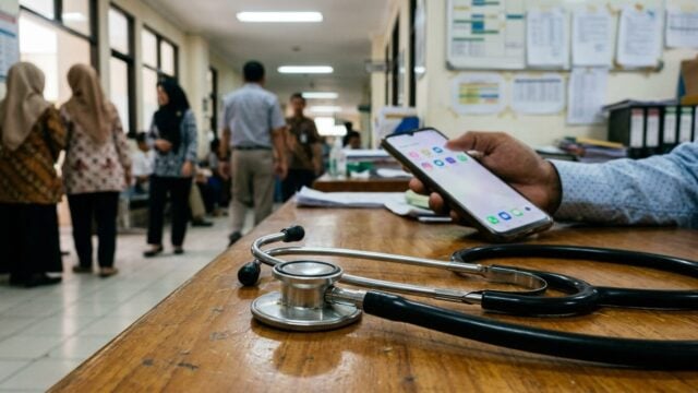 Stetoskop dokter di atas meja dengan latar belakang layar ponsel