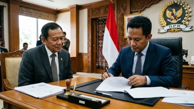 Ketua Umum LOGIS 08 Anshar Ilo dan Wakil Ketua DPR RI Dasco Ahmad saat penandatanganan komitmen RUU Perampasan Aset