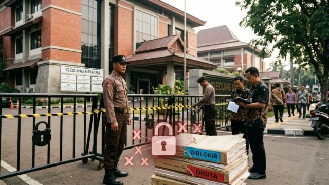 Ilustrasi pemblokiran aset dalam RUU Perampasan Aset dengan simbol keamanan dan dokumen keuangan