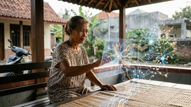 Ilustrasi abstrak otak manusia yang terhubung dengan jaringan realitas semesta