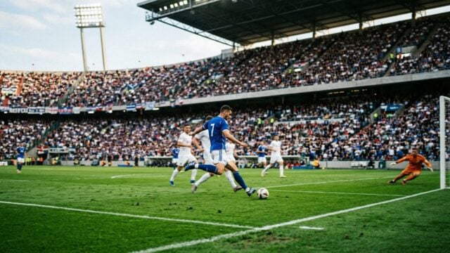 Suasana stadion sepak bola saat pertandingan berlangsung dengan rumput hijau