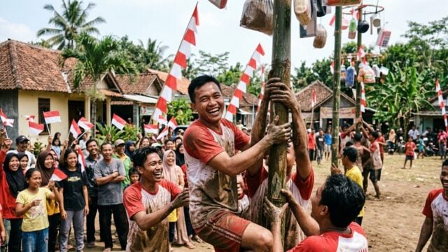 Kemeriahan lomba rakyat dalam rangka HUT RI yang digelar oleh Partai Demokrat di Jawa Timur