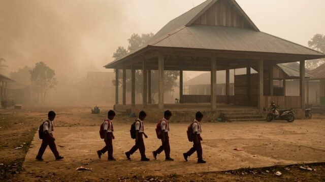 Asap tebal dari karhutla menutupi sebuah gedung sekolah di Kalimantan pada siang hari, menunjukkan dampak langsung kebakaran