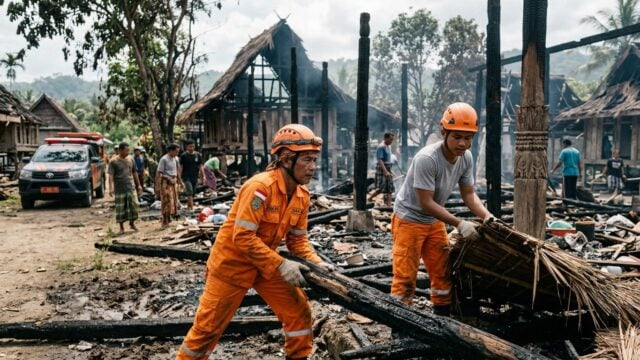 Sisa reruntuhan rumah adat Sade setelah kebakaran melanda Desa Rembitan Lombok Tengah