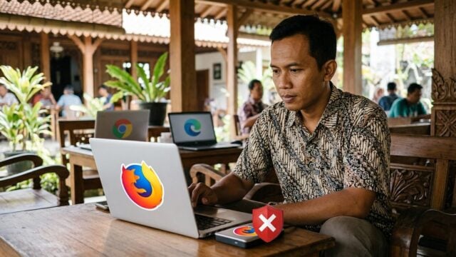 Firefox logo dengan simbol pemblokiran iklan di tengah, Chrome dan Edge di belakang lebih redup