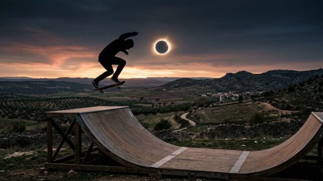 Aksi skateboarder Danny León saat gerhana matahari 2026 di Spanyol