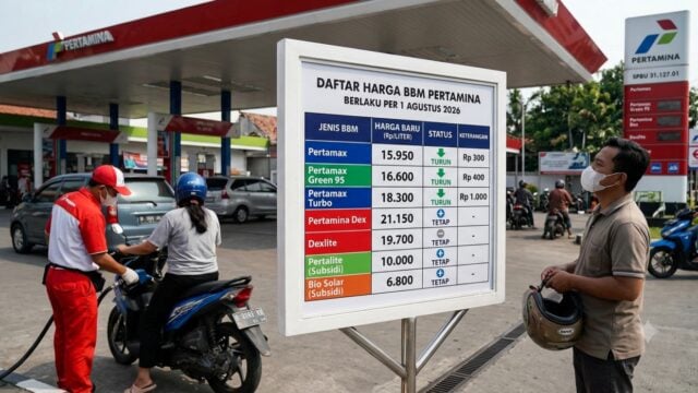 Tabel daftar harga BBM Pertamina per 1 Agustus 2026, mencantumkan jenis BBM, harga baru, dan status perubahan harga