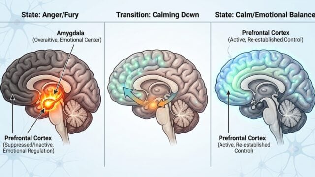 Ilustrasi penampang otak yang menunjukkan amigdala menyala terang saat marah, sementara korteks prefrontal meredup, lalu