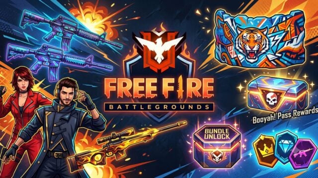 Ilustrasi logo Free Fire dengan tampilan hadiah menarik seperti skin senjata, karakter, Gloo Wall, dan kotak hadiah digital