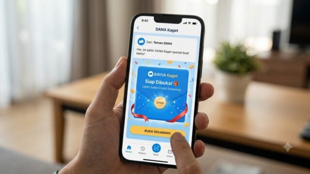 Tampilan antarmuka aplikasi DANA dengan amplop biru DANA Kaget yang siap dibuka, melambangkan saldo gratis yang bisa diklaim