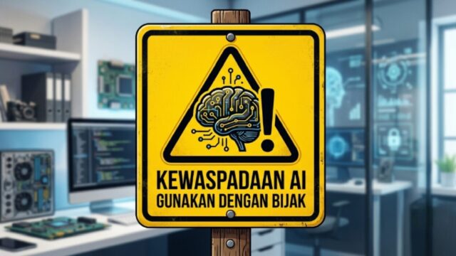 Ilustrasi tanda peringatan berwarna kuning dengan simbol otak robot dan tanda seru, melambangkan kewaspadaan dalam