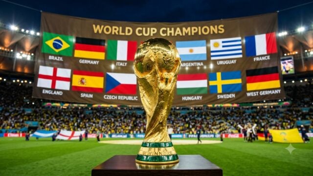 Piala Dunia FIFA emas bersinar dengan bendera negara-negara peraih gelar juara sebagai latar belakang