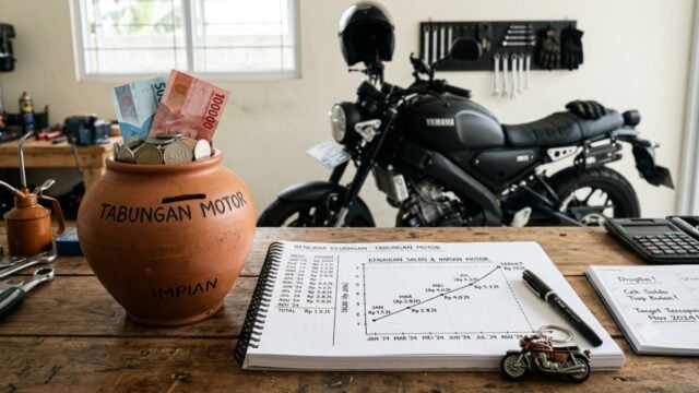 Ilustrasi celengan dan grafik kenaikan saldo dengan latar belakang motor, menggambarkan perencanaan keuangan yang teratur
