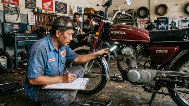 pemeriksaan motor Honda CB klasik, mengecek nomor rangka, mesin, dan kondisi bodi dengan teliti