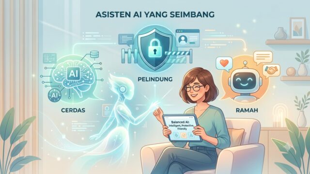 Ilustrasi konsep asisten AI yang seimbang: elemen cerdas, pelindung, dan ramah dalam desain bersih dan menenangkan