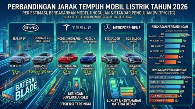 perbandingan jarak tempuh mobil listrik 2026 byd tesla mercedes