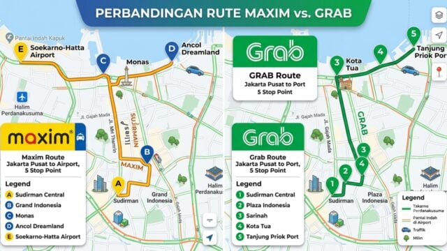 perbandingan logo aplikasi Maxim dan Grab dengan peta rute yang memiliki beberapa titik pemberhentian