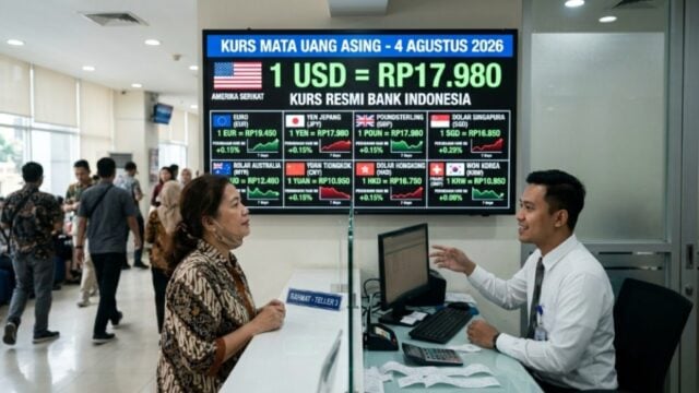 Tampilan kurs valas per 4 Agustus 2026: USD, SGD, EUR, JPY dan grafik pergerakan dolar terhadap rupiah 7 hari terakhir