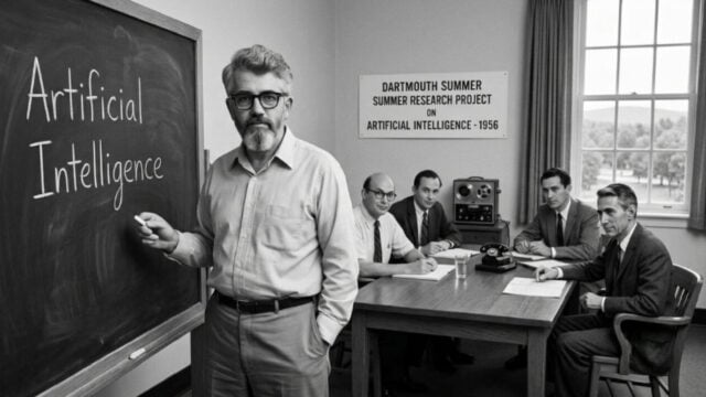 Ilustrasi John McCarthy dan elemen sejarah konferensi Dartmouth 1956 yang melahirkan nama AI