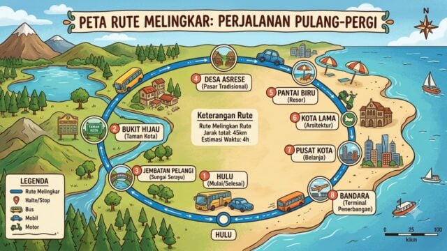 Peta rute melingkar dengan titik-titik berhenti dan ikon kendaraan, menggambarkan perjalanan berputar pulang-pergi