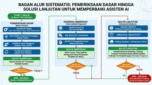 Bagan alur sistematis dari pemeriksaan dasar hingga solusi lanjutan untuk memperbaiki asisten AI