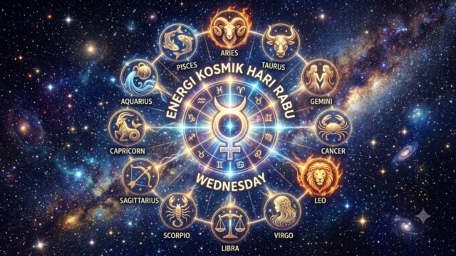 12 lambang zodiak dengan latar langit berbintang, melambangkan energi kosmik hari Rabu
