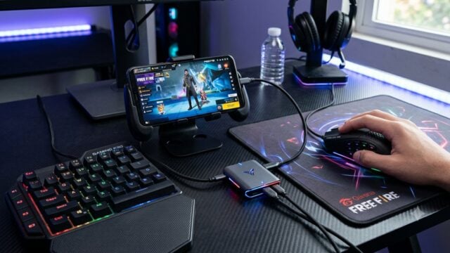 Rangkaian perangkat mobilador: konverter berkualitas, mouse presisi, keyboard satu tangan dan HP terhubung siap main Free