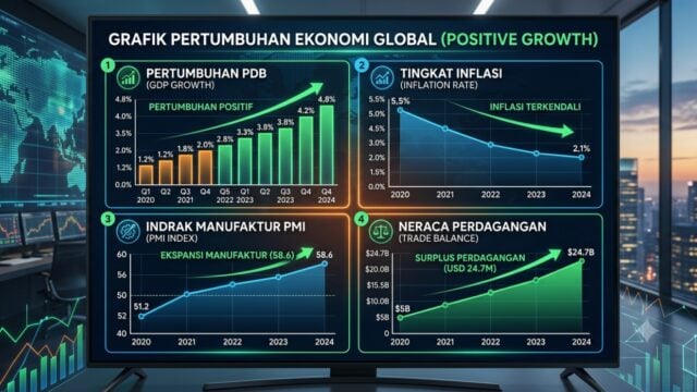 grafik pertumbuhan ekonomi dengan indikator inflasi, PMI, dan neraca perdagangan yang bergerak positif