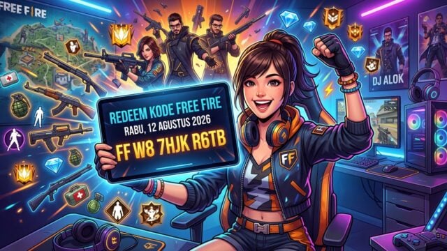 Ilustrasi kode redeem Free Fire Rabu 12 Agustus 2026 dengan latar ikon karakter dan senjata FF