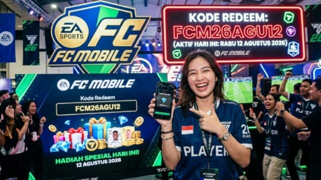 Ilustrasi kode redeem FC Mobile Rabu 12 Agustus 2026 dengan latar logo EA Sports FC Mobile dan ikon hadiah