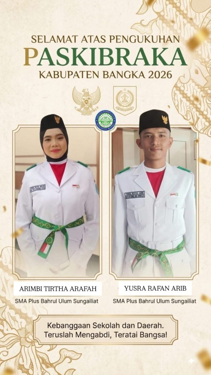 Arimbi Tirta Arafah dan Yusra Rafan Arif anggota Paskibraka Kabupaten Bangka 2026 usai prosesi pengukuhan di Graha Maras. 