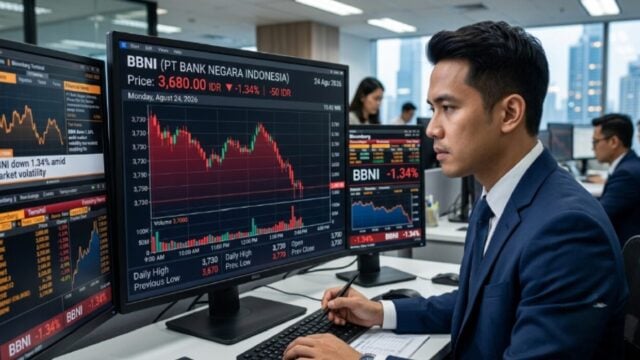 Saham BBNI Melemah 1,34% ke Rp3.680 pada 24 Agustus 2026