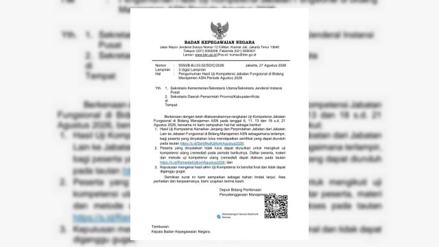 BKN Umumkan Hasil Uji Kompetensi Jabatan Fungsional Manajemen ASN Agustus 2026: Cek Sertifikat di Sini