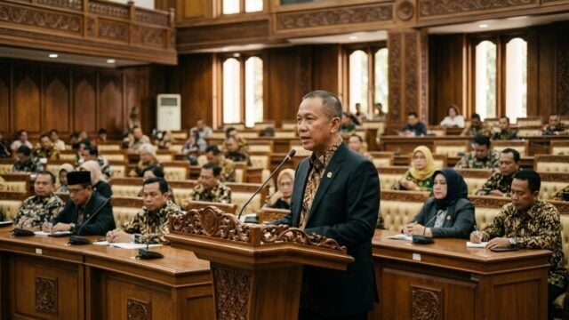 Juru Bicara Fraksi PDIP DPRD Jawa Timur membacakan pandangan umum fraksi dalam rapat paripurna membahas P-APB 2026