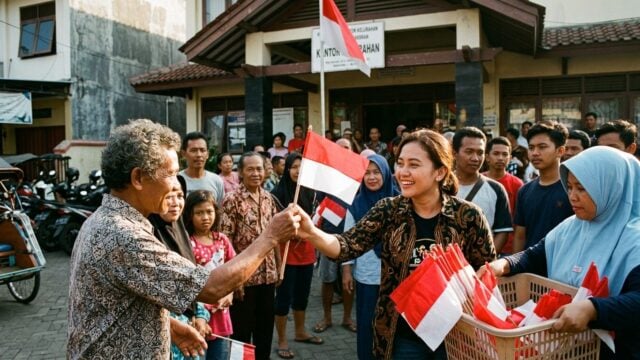 Pembagian bendera merah putih oleh DPD Golkar Kalsel kepada warga masyarakat di Banjarmasin dalam rangka HUT Kemerdekaan RI