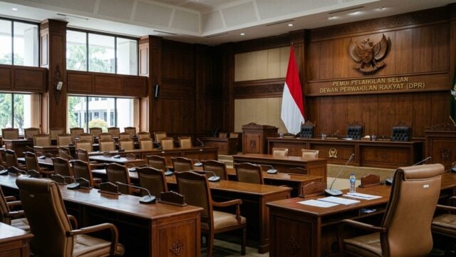 Ruang komisi DPR dengan bendera Indonesia, simbol rotasi kepemimpinan Fraksi Golkar