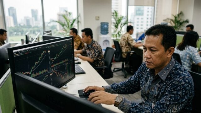 Layar monitor bursa saham menampilkan pergerakan IHSG yang diproyeksi bervariasi