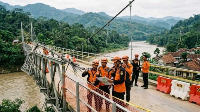 Jembatan Gantung Pongpet di Pangandaran yang ambruk dengan tali sling sisi kiri terlepas saat peresmian