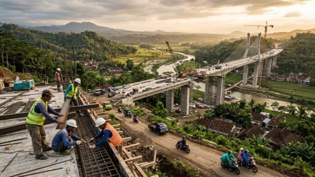 Proyek pembangunan infrastruktur jembatan modern di wilayah pedesaan Indonesia